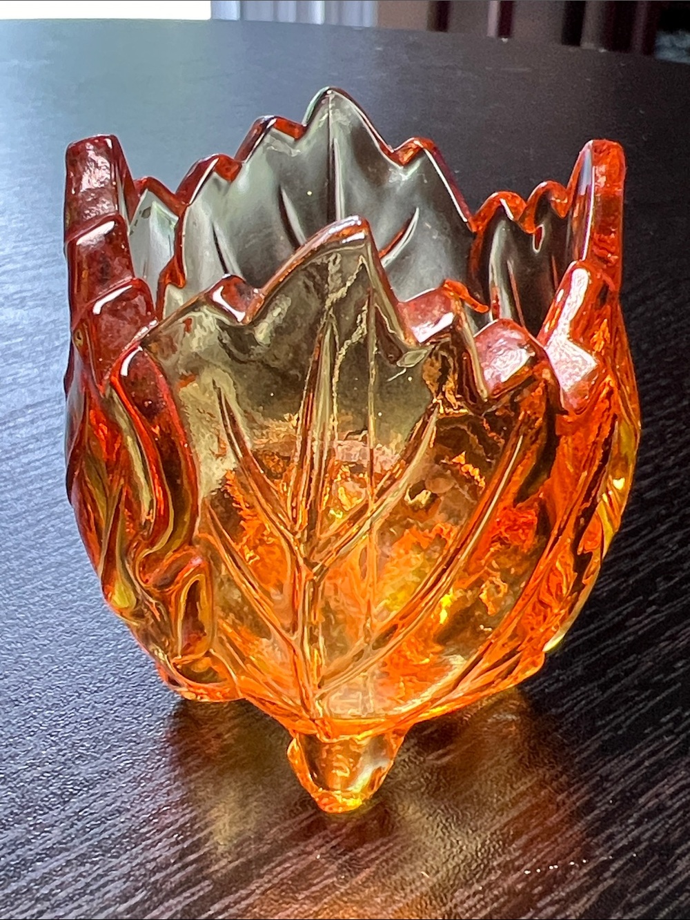 Vintage Amber Glass Fall Autumn Oak Leaf Toothpick Holder QTip Holder